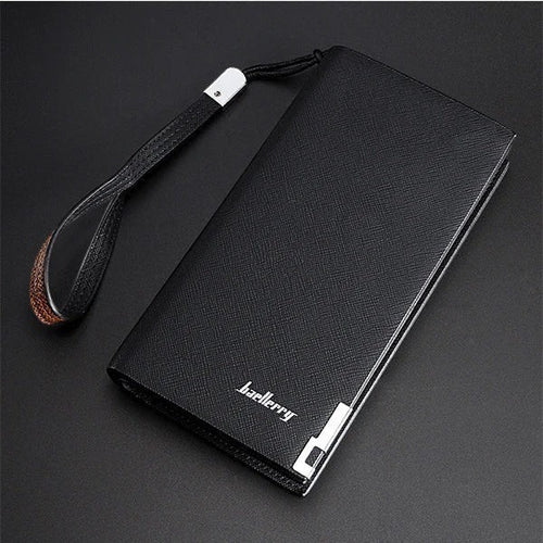 Pak wallets baellerry black microfiber synthetic leather long unisex wallet with a wrist strap and metal accents.