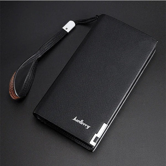 Pak wallets baellerry black microfiber synthetic leather long unisex wallet with a wrist strap and metal accents.