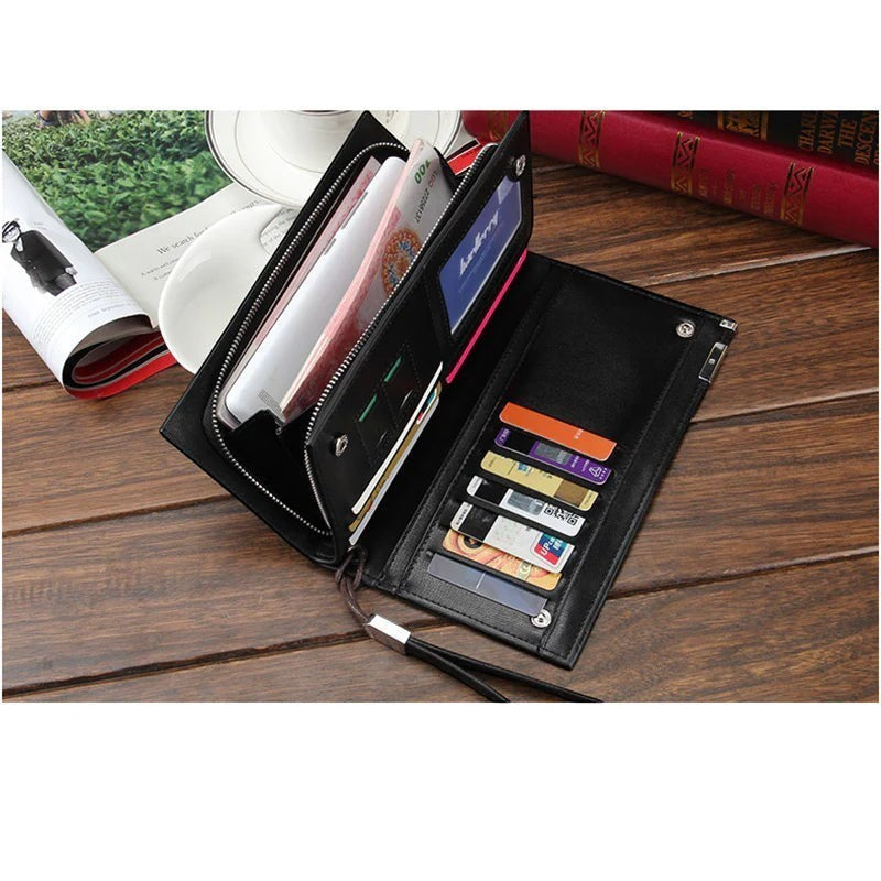 Pak wallets Balenberry black microfiber synthetic leather long wallet with multiple card slots and zipper pocket