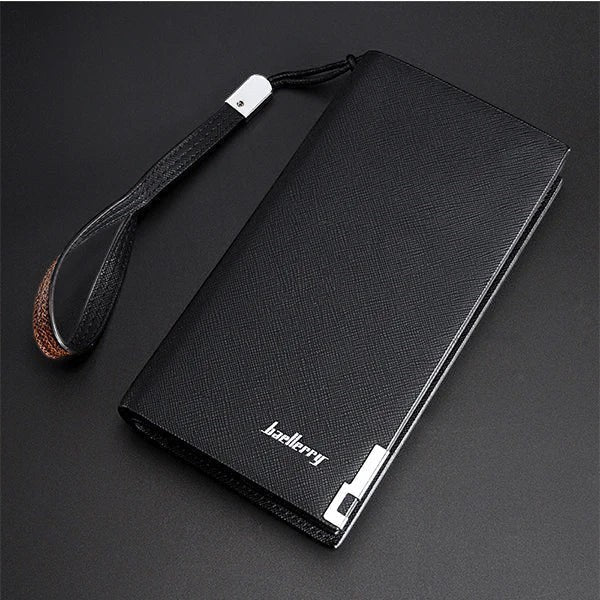 Pak wallets black microfiber synthetic leather long wallet with wrist strap and baellerry logo detail