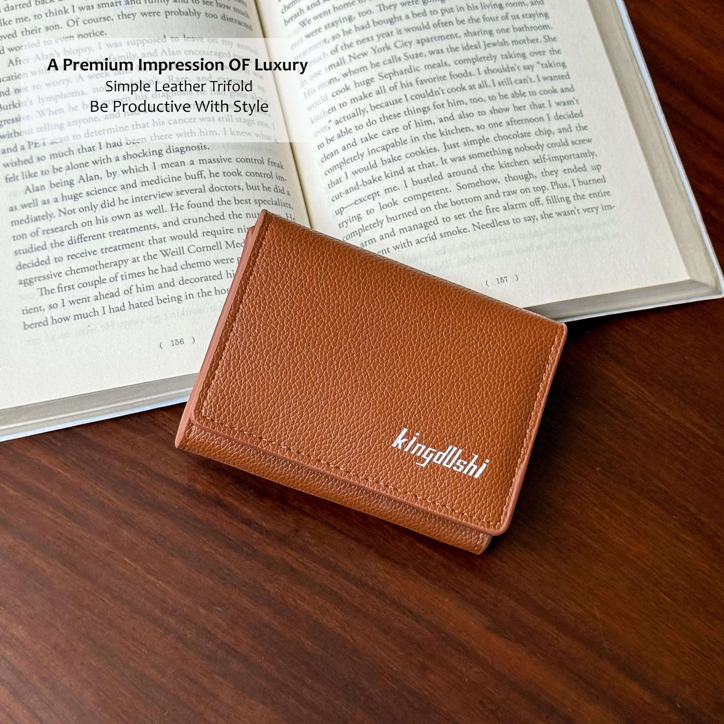 Pak wallets brown leather bifold wallet with snap closure and kingdllshi logo resting on an open book