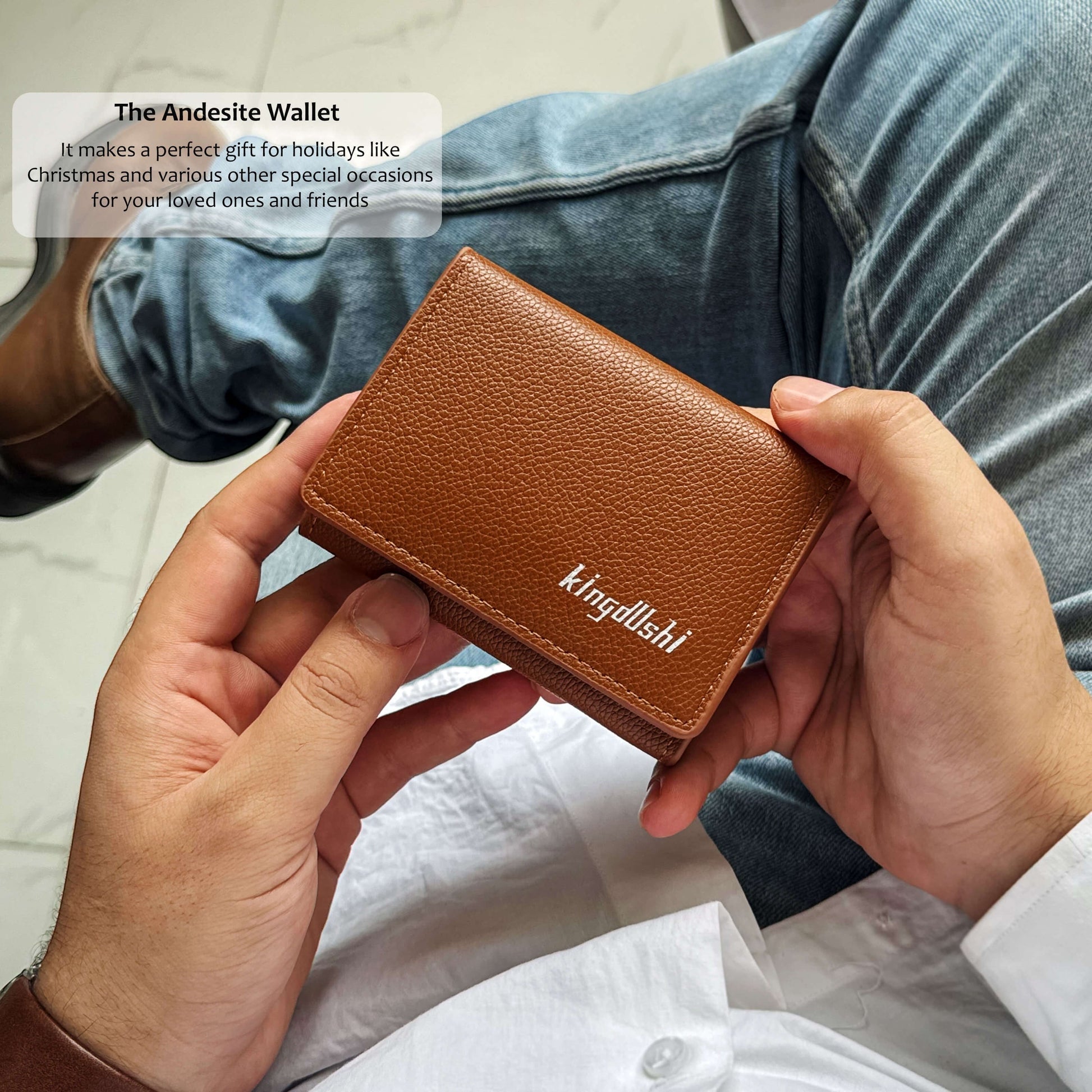Pak wallets kingdllshi brown textured leather bifold wallet held in hands with a slim minimalist design