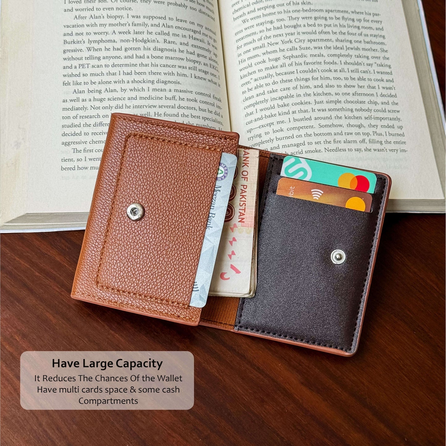 Pak wallets premium slim bifold leather wallet in brown with snap-button closure, card slots, and cash compartment.