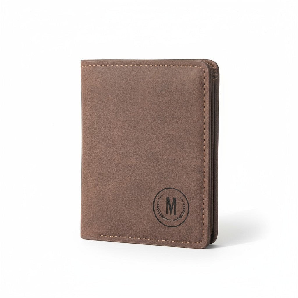 Pak wallets brown leather M-Wallet with embossed logo, featuring durable stitching and multiple card slots.