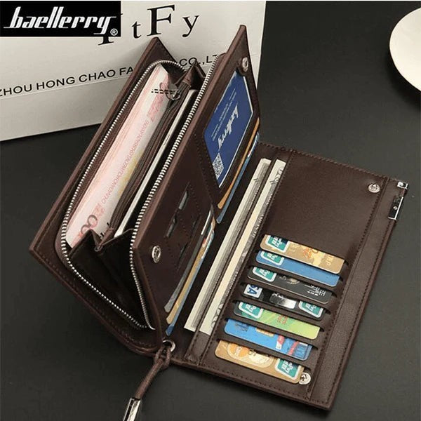 Pak wallets brown microfiber synthetic leather long wallet with card slots, photo window, and zipper phone pocket.