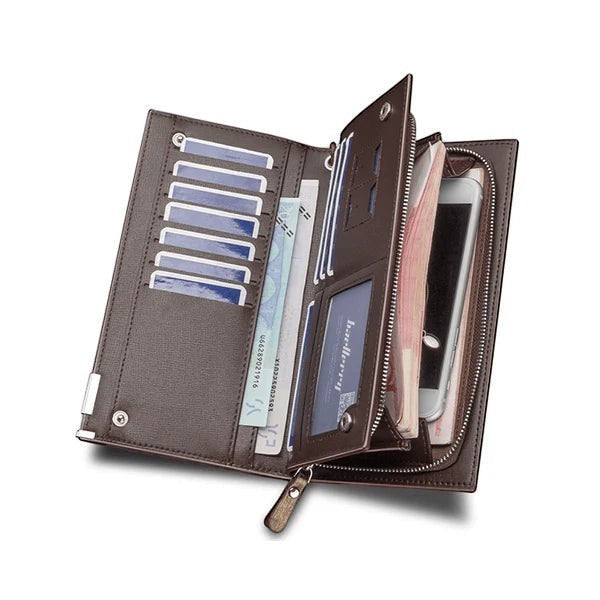 Pak wallets brown microfiber synthetic leather long wallet with multiple card slots, photo window, and zipper pocket.