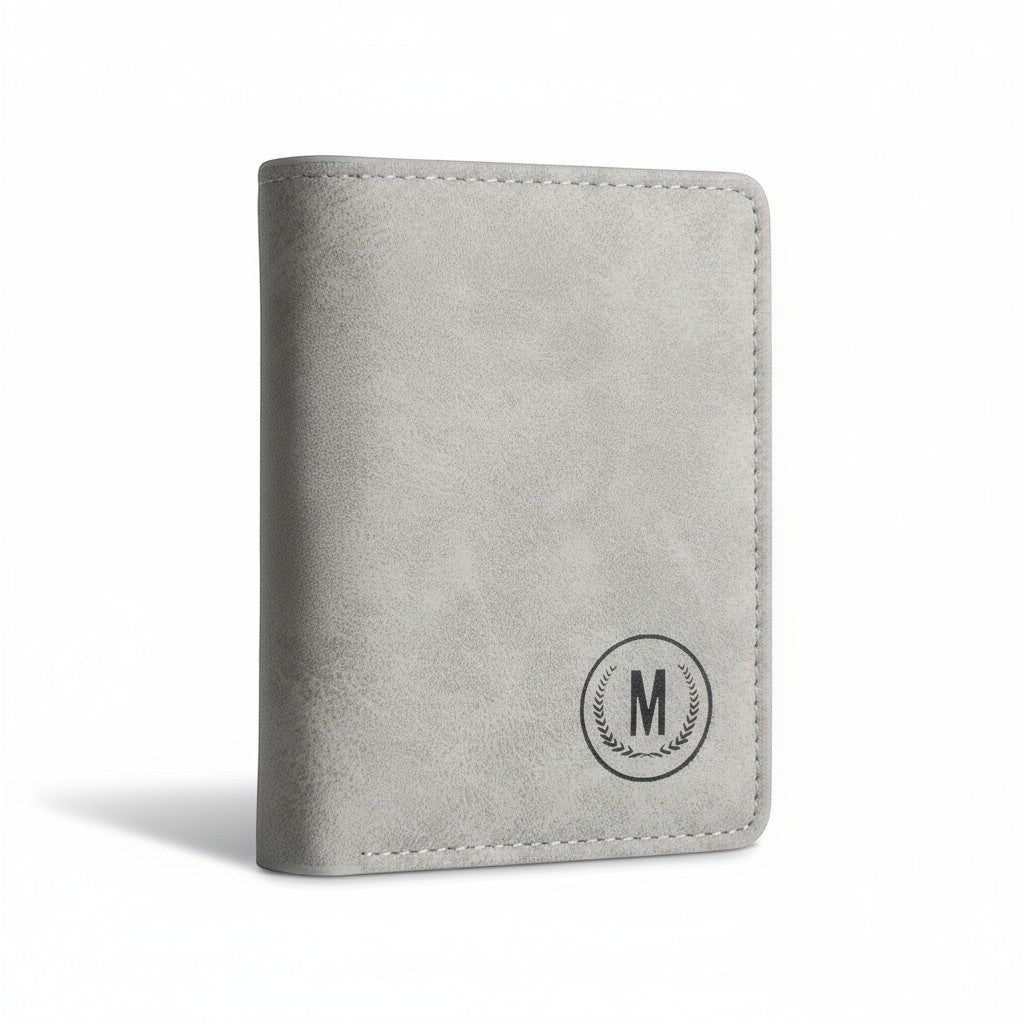 Pak wallets grey premium leather M-wallet with a circular logo, featuring durable stitching and a sleek design.