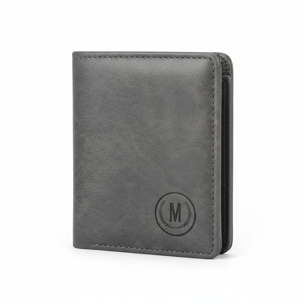 Pak wallets grey premium leather M-wallet with embossed logo and durable stitching
