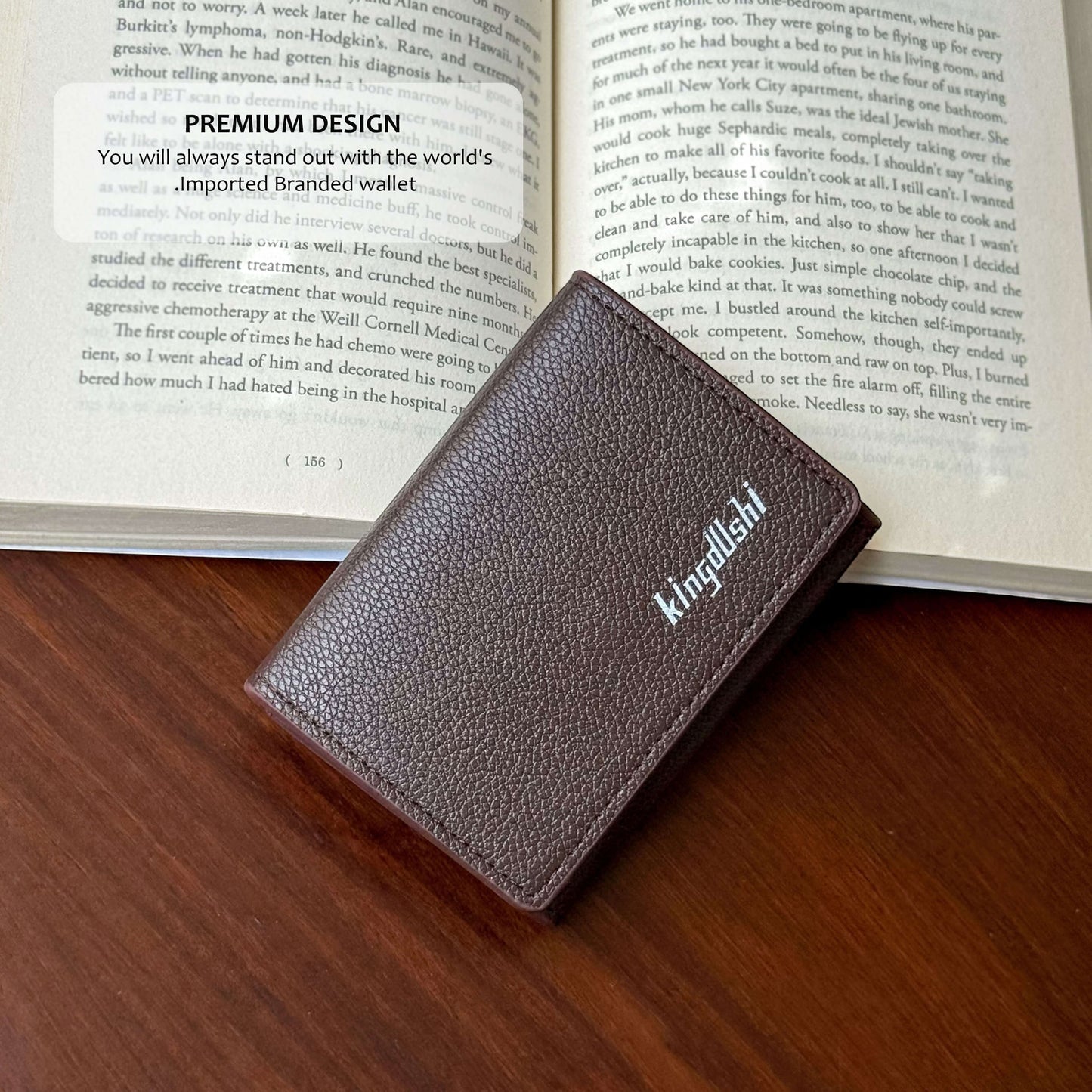 Pak wallets kingdllshi slim brown leather bifold wallet with textured finish and snap button closure on a book