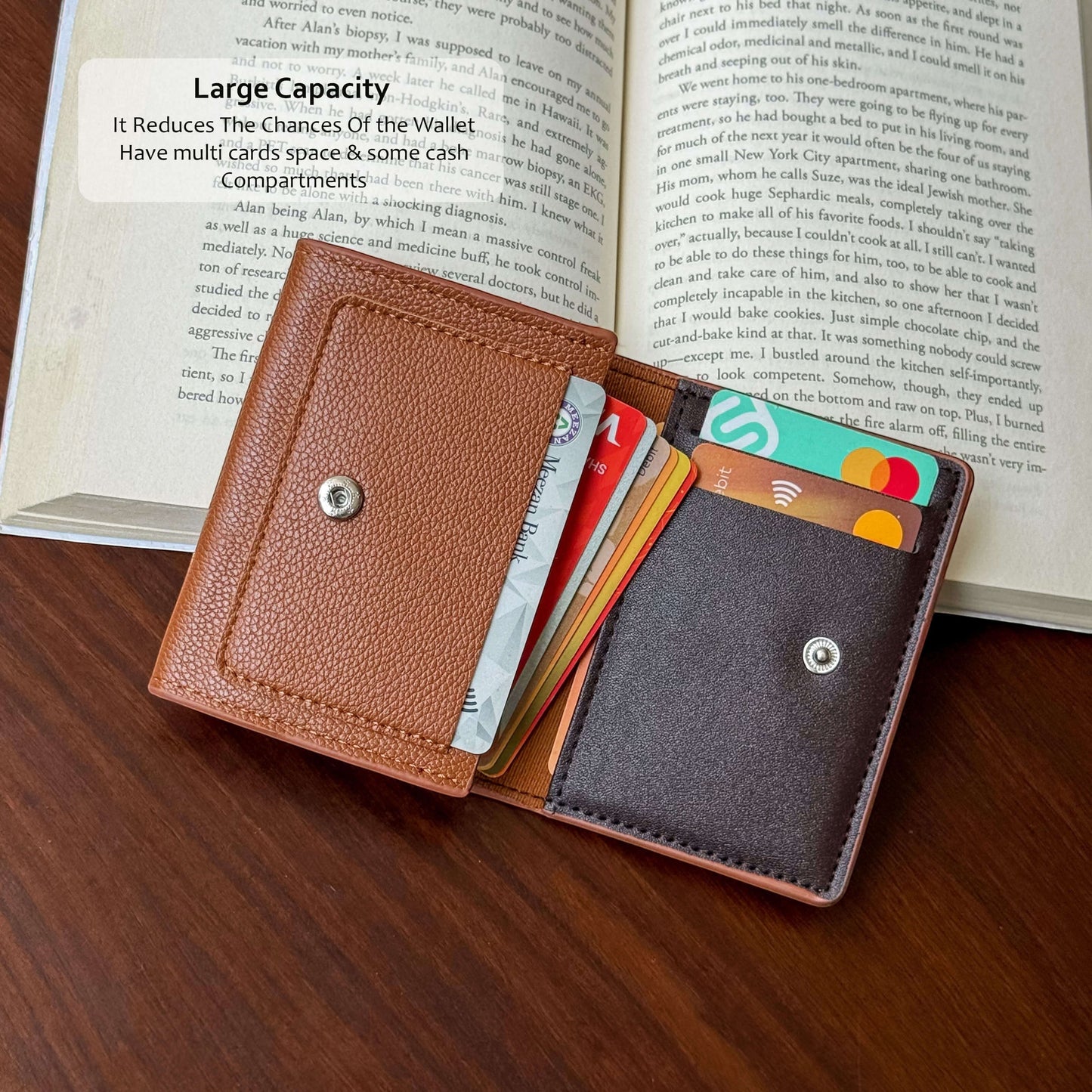 Pak wallets slim bifold wallet in two-tone brown leather with a snap-button closure and card slots on an open book.