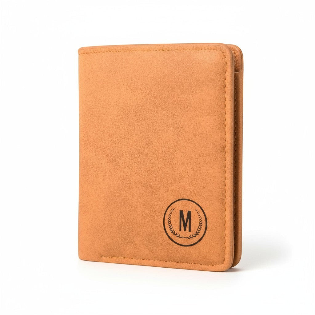 Pak wallets premium tan leather M-wallet with a circular M logo, featuring durable stitching and a slim design.